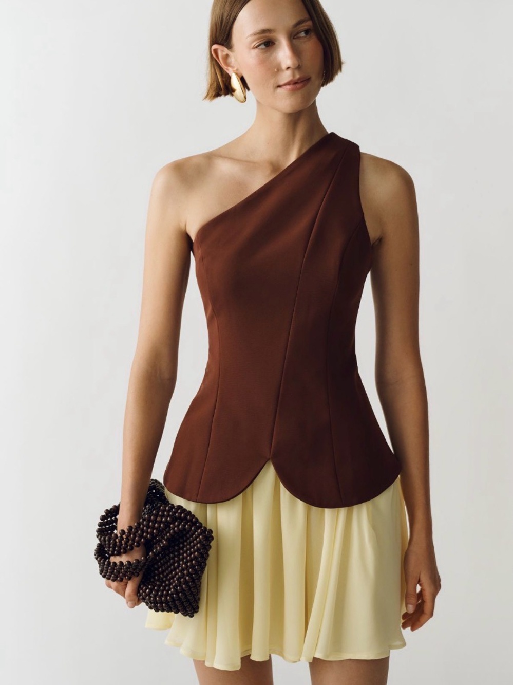 Maeve One-Shoulder Brown Mini Dress with Cream Skirt